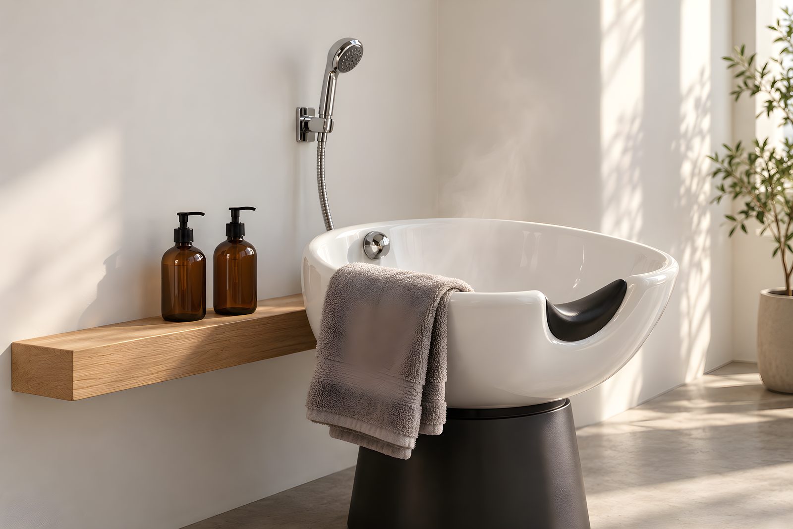 Weißes Haarwaschbecken mit Nackenauflage und Handbrause, ein graues Handtuch über dem Rand, zwei Pumpflaschen aus Braunglas auf einem Eichenbrett