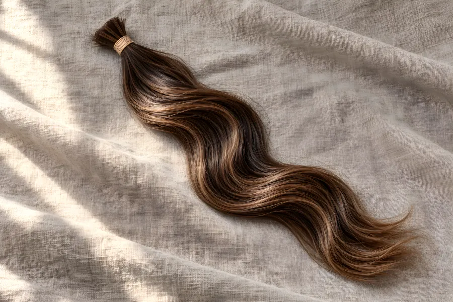 Eine lange, gewellte brünette Haarsträhne mit karamellfarbenen Balayage-Übergängen auf grauem Leinen