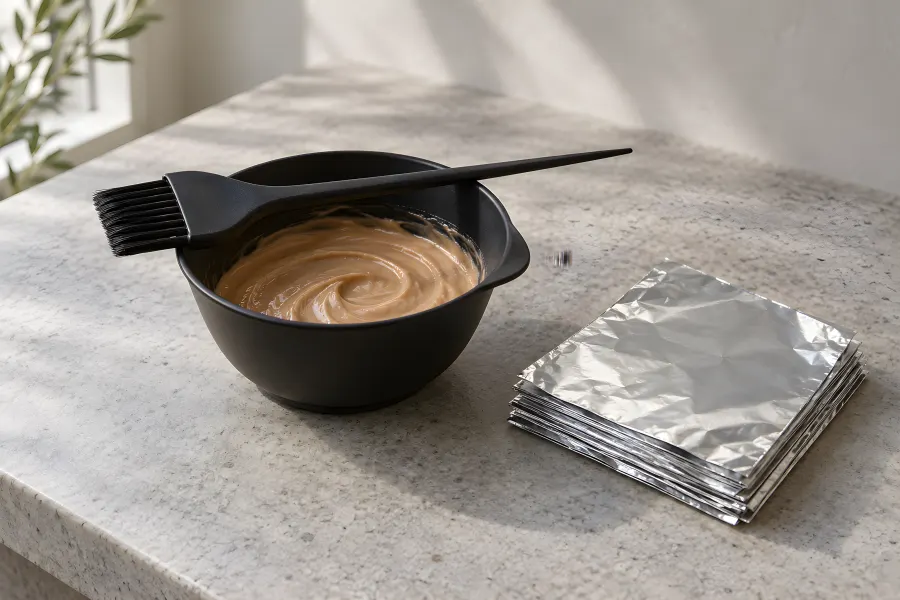Schwarze Färbeschale mit karamellfarbener Farbcreme, ein Färbepinsel quer darüber, daneben ein Stapel Alufolien auf grauem Stein
