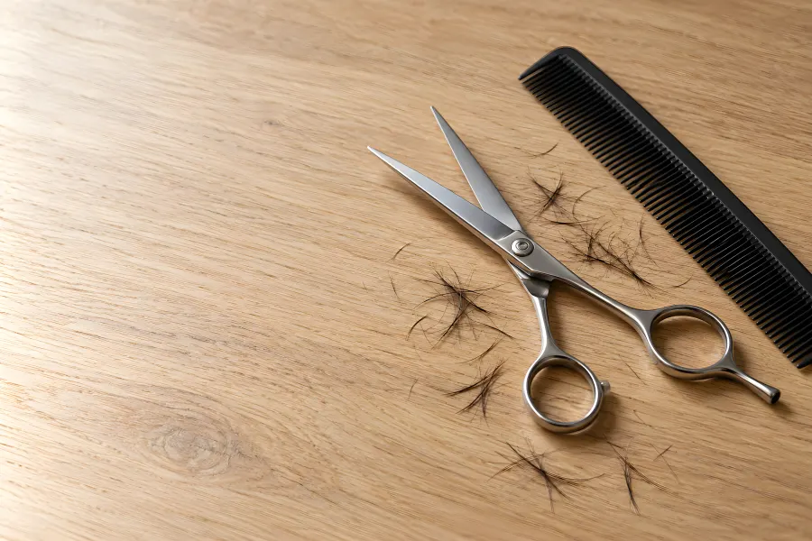 Geöffnete Friseurschere und schwarzer Schneidekamm auf Eichenholz, daneben frisch geschnittene Haarspitzen